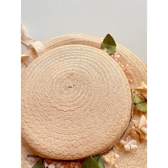 Vintage Pale Peach Pink Staw Faux Floral Grosgrain Ribbon Boater Hat - Picture 7 of 14